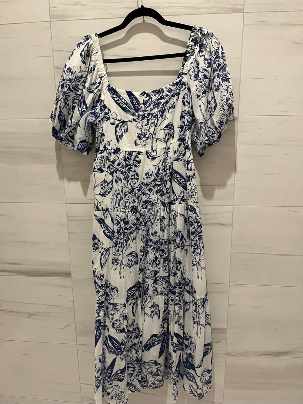 Smocked Square-Neck Blue Floral Maxi Dress
